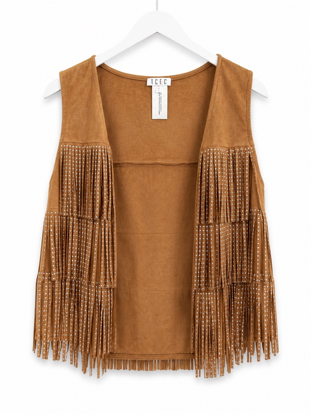 TCEC Studded Fringe Suede Vest in Camel Brown